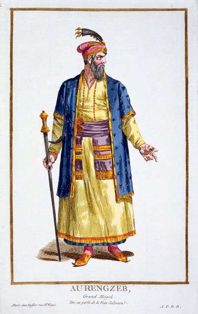 أورنجزيب ، خان العظيم من جحافل المغول من Recuil des Estampes ، يصور الرتب و Dignites ، بعد زي جميع ations الحالية &39;، نشر 1780 (نقش يدوي اللون بواسطة بيير دوفلوس