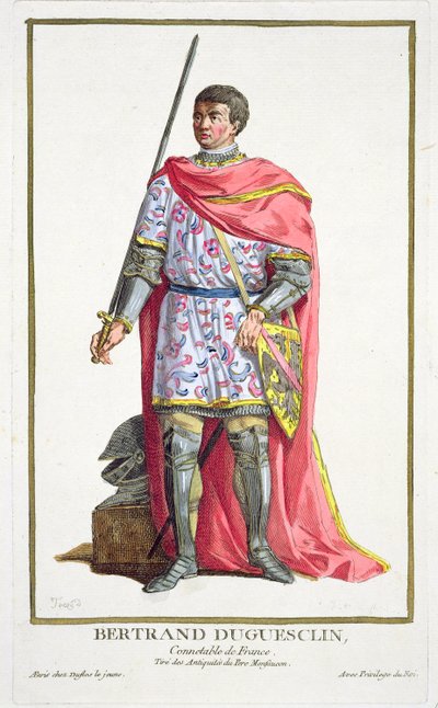Bertrand du Guesclin (1320-80) من "Receuil des Estampes ، تمثل الرتب والكرامات ، بعد زي جميع الأمم الموجودة" ، نشر 1780 (نقش يدوي اللون) بواسطة بيير دوفلوس