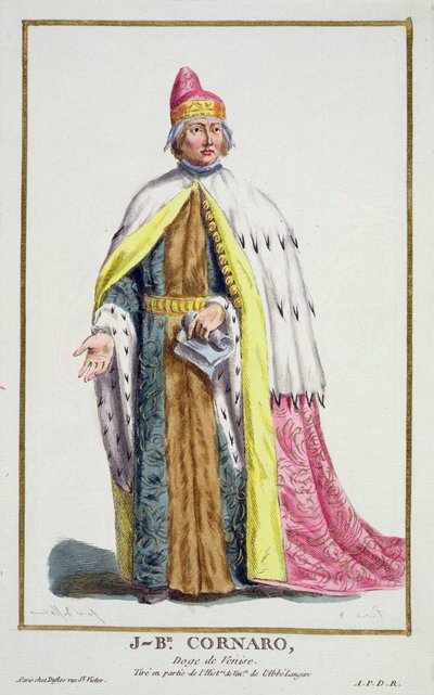 جيوفاني كورنارو (1647-1722) دوجي من البندقية ، من "Receuil des Estampes ، يمثل الرتب والكرامات ، بعد زي كل الأمم الموجودة" ، نُشر عام 1780 (نقش ملون يدويًا) بواسطة بيير دوفلوس