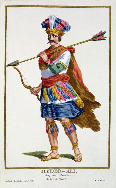 حيدر علي (1722-1782) من "مجموعة المطبوعات التي تمثل الرتب والكرامات ، وفقًا لزي جميع الأمم الموجودة" ، تم نشره عام 1780 (النقش اليدوي) بواسطة بيير دوفلوس