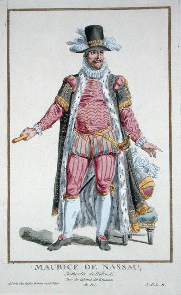 الأمير موريس من ناسو (1567-1625) Stadholder of the Dutch Republic from 'Receuil des Estampes ، الذي يمثل الرتب والكرامات ، متبعًا لزي جميع الدول الموجودة' ، نُشر عام 1780 (نقش ملون يدويًا) بواسطة بيير دوفلوس