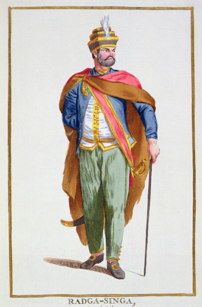Raja-Singa ملك سيلان من "Receuil des Estampes ، ممثلو les Rangs et les Dignites ، après le Costume de tous les Nations Extant" ، نُشر عام 1780 (نقش ملون يدويًا) بواسطة بيير دوفلوس