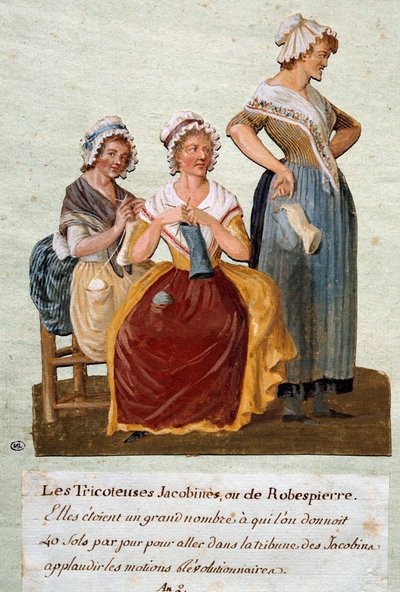 French Revolution: Jacobin knitters or Robespierre. We were giving these women money to go to the Jacobin Club. Gouache by Pierre Etienne Lesueur (active around 1791-1810) بواسطة بيير إتيان ليسور