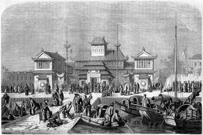 منظر جمركي في ميناء شنغهاي عام 1860 ، الصين. نقش بواسطة Grandsire ، في "" Le Tour du Monde، Nouveau journal des Voyages "" ، تحرير إدوارد شارتون ، باريس بواسطة بيير يوجين Grandsire