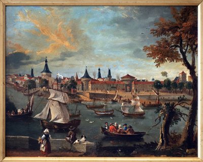ميناء ليبورن في القرن الثامن عشر. عمل فني لبيير فورنييه (1740-1793) ، زيت على ورق ماروفلي على ورق مقوى بواسطة بيير فورنييه