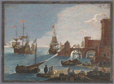 منظر لميناء بحري به سفن وقوارب على الماء الحادي عشر. Vüe ​​maritime (العنوان على الكائن) بواسطة بيير فوكيه