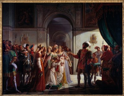 قام فرانسوا الأول (1494-1547) بتسليح الفارس حفيده فرانسوا الثاني (1544-1560). يرافق الأمير الشاب والديه هنري الثاني (1519-1559) وكاثرين دي ميديشي (كاترينا دي ميديشي) (1519-1589). لوحة بيير هنري ريفيل (1776-1842) بواسطة بيير هنري ريفيل