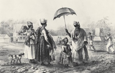تجار العبيد مع الأطفال ، من "رحلة سورينام" ، 1839 (ليثو) (صورة بالأبيض والأسود) بواسطة بيير ج. (بعد) بينوا