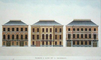 منازل في Ghent and Grammont ، بلجيكا ، من "اختيار أفضل المعالم الأثرية ، الصروح والمنازل في مملكة هولندا" بقلم بيير جاك جوتغبور ، نُشر عام 1827 (أكواتينت) بواسطة بيير جاك (بعد) جوتغبور