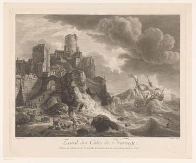 ساحل النرويج مع البحارة يغسلون الشاطئ Ecueil des Cotes de Norwege (العنوان على الكائن) بواسطة بيير مالوفر