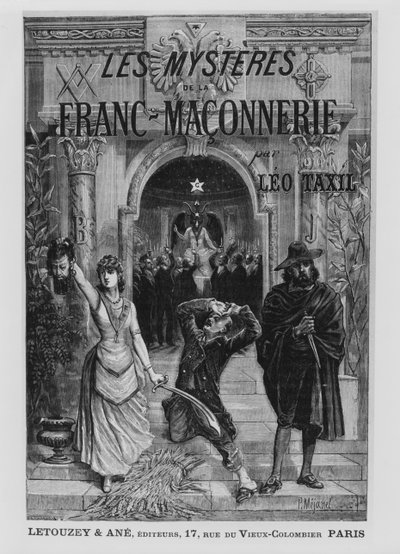 رسم توضيحي للغلاف الأمامي من فيلم "Les Mysteres de la Franc-Maconnerie" من تأليف Leo Taxil بواسطة بيير ميجانيل