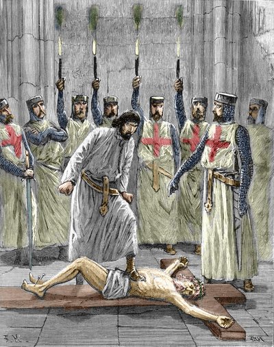 Heresie of the Templars: تمثيل لمراسم دخول فارس إلى ترتيب المعبد ، كون الهيكل ، وفقًا للاعترافات التي نُشرت بعد اعتقالهم ومحاكمتهم عام 1307 ، أُجبروا على إنكار المسيح ودوس الصليب خلال بواسطة بيير ميجانيل