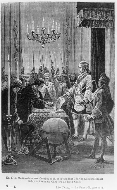 في عام 1747 ، أُخبر الصحابة بأن الزاعم تشارلز إدوارد ستيوارت (1720-1788) أسس فصلاً من صليب الورود في أراس ، وهو رسم توضيحي من "الماسونية الحرة" بواسطة ليو تاكسيل (وزن الجسم ص بواسطة بيير ميجانيل