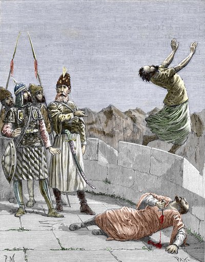 الطائفة الإسماعيلية من الشرق أو القتلة الذين أسسهم حسن بن الصباح (1036-1124) ، المعروف باسم شيخ الجبل ، "الممثل يأمر اثنين من أتباعه المتعصبين بقتل أنفسهم ، ألموت ، بلاد فارس ، حوالي 1096" (الإسماعيلية النزارية: تمثيل حسن بواسطة بيير ميجانيل