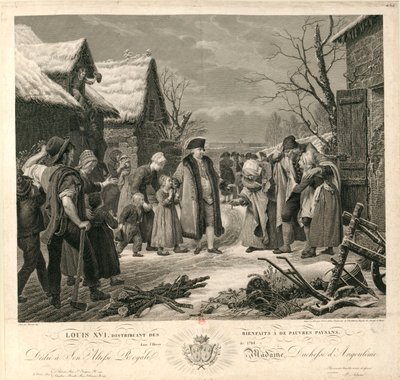 لويس السادس عشر يوزع الصدقات على الفلاحين الفقراء في شتاء 1788 ، ج. 1817. بواسطة بيير ميشيل آدم