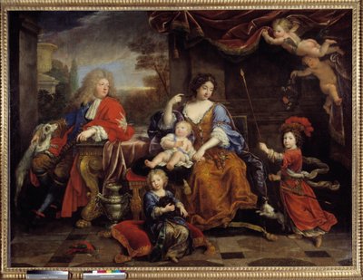 عائلة لويس الفرنسي (1661-1711) ابن لويس الرابع عشر (1638-1715) ، المعروف باسم Grand Dauphin "، في عام 1687" "كان ممثلًا مع زوجته ماري آن كريستين دي بافيير وأطفالهما لويس ، فيليب (الذي أصبح فيليب الخامس ملك إسبانيا) وشار بواسطة بيير مينارد