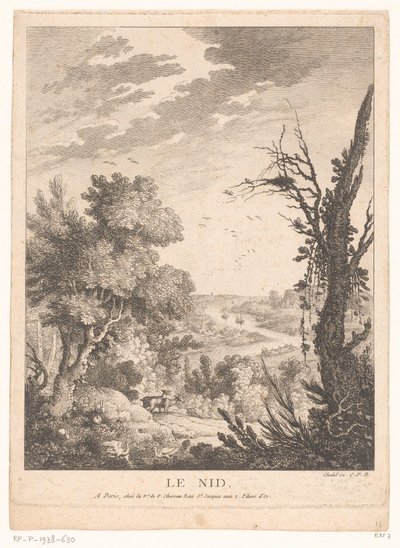 منظر طبيعي مع الغزلان والأرانب والطيور ونهر في الخلفية لو نيد (العنوان على الكائن) بواسطة ويدوي فرانسوا شيرو (الثاني)