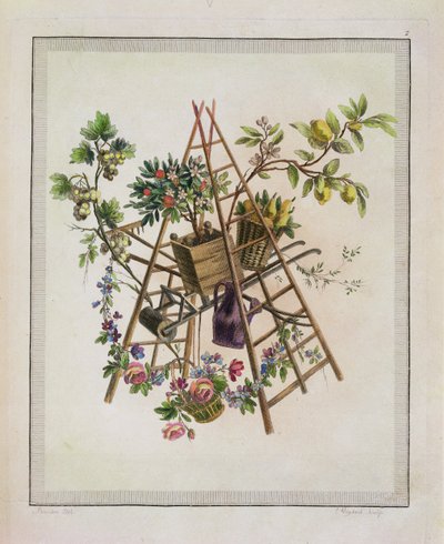 تصميم منسوجات الحدائق ، من العمل الذي يحتوي على مجموعة من Trophees ، والصفات ، والخراطيش ، والمزهريات ، والزهور ، والزخارف ، والعديد من الرسومات الممتعة لتطريز الكراسي ، المنقوش بواسطة Etienne C بواسطة بيير رانسون