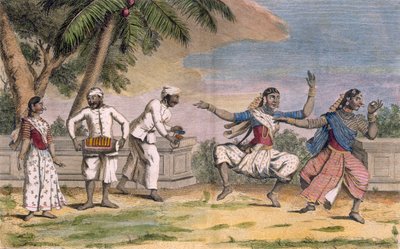 فرقة من البيادرز ، أو فتيات يرقصن هنديات ، مع موسيقيين ذكور ، رسم توضيحي من &39;Voyage aux Indes et a la Chine&39; ، منقوش بواسون ، 1782 (نقش الألوان) بواسطة بيير سونيرات