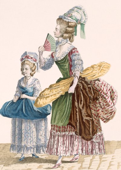 خياط ومساعدها يحملان أدوات التجارة ، نقشها دوبين ، لوحة رقم 25 من "Galeries des Modes et Costumes Francais" ، 1778-87 (نقش ملون) 99: الملابس ؛ لباس تقليدي لباس تقليدي؛ موضه؛ توضيح؛ c18 ؛ فاشوناب بواسطة بيير توماس (بعد) لو كليرك