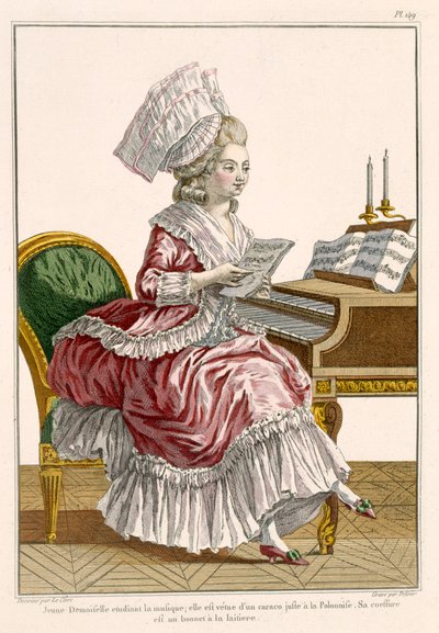 امرأة شابة تدرس الموسيقى في Harpsichord ، لوحة 149 من "Galerie des Modes et Costumes Francais" ، محفورة بواسطة J. Pelicier ، 1778 بواسطة بيير توماس لو كليرك