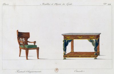كرسي بذراعين ووحدة تحكم في الشقة ، اللوحة 144 ، رسم توضيحي من Collection de meubles et Objects de gout (مجموعة من الأثاث والأشياء ذات الذوق) بواسطة بيير دي لا ميسانجير