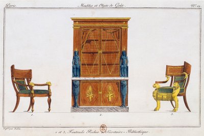 الكراسي ذات الذراعين ومكتب كتابة المكتبة ، اللوحة 12 ، رسم توضيحي من Collection de meubles et Objects de gout (مجموعة من الأثاث والأشياء ذات الذوق) بواسطة بيير دي لا ميسانجير