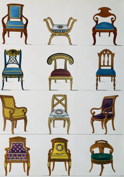 الكراسي والمقاعد ومساند القدمين ، رسم توضيحي من Collection de meubles et Objects de gout (مجموعة من الأثاث والأشياء ذات الذوق) بواسطة بيير دي لا ميسانجير