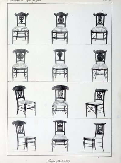 Different models of Premier Empire chairs (1805-1806). Plate taken from the collection “” Collection de meubles et objets de taste”” by Pierre de la Mesangere (1761-1831). Paris. Decorative Arts بواسطة بيير دي لا ميسانجير