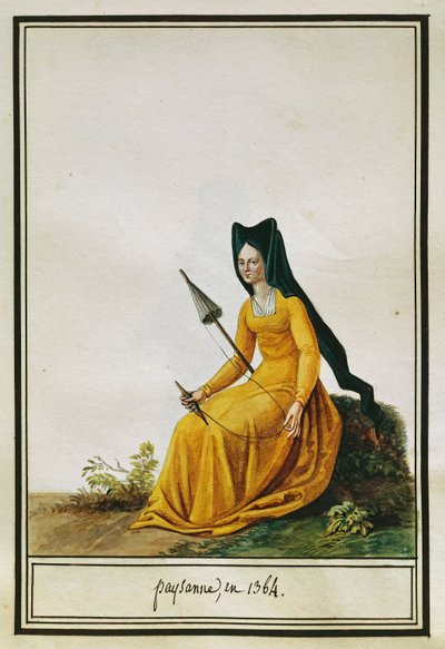 مزارعة فرنسية الغزل ، بقلم بيير أنطوان ليبو دي لا ميسانجير (1761-1831) ، ألوان مائية بواسطة بيير دي لا ميسانجير