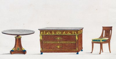 طاولة الماهوجني ، خزانة ذات أدراج وكرسي ، لوحة 241 ، رسم توضيحي من Collection de meubles et Objects de gout (مجموعة أثاث وأشياء من الذوق) بواسطة بيير دي لا ميسانجير