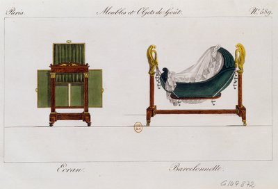 مهد الشاشة والحامل المتأرجح ، اللوحة 589 ، رسم توضيحي من Collection de meubles et Objects de gout (مجموعة أثاث وأشياء من الذوق) بواسطة بيير دي لا ميسانجير