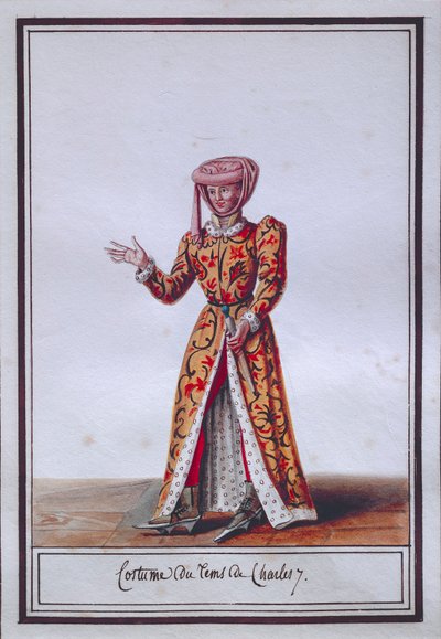 لوحة أزياء نسائية تصور زي زمن تشارلز السابع (1403-1461) ، بقلم بيير أنطوان ليبو دي لا ميسانجير (1761-1831) ، ألوان مائية بواسطة بيير دي لا ميسانجير