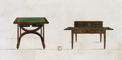 طاولة كتابة وطاولة كتابة ، لوحة 436 ، رسم توضيحي من Collection de meubles et Objects de gout (مجموعة من الأثاث والأشياء ذات الذوق) بواسطة بيير دي لا ميسانجير