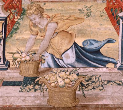 نسيج فلمنكي. سلسلة Vertumnus و Pomona.Vertumnus تحول إلى مزارع. الجزء المركزي من الحد السفلي نرى حلقة عن حب المشتري: دانا. النسيج الثاني في السلسلة. نموذج دائرة بيتر كوك فان إيلست. تصنيع Wil بواسطة بيتر (دائرة) كوك فان إيلست