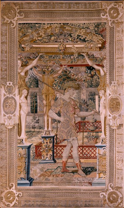 نسيج فلمنكي. سلسلة Vertumnus و Pomona.Vertumnus تحول إلى مزارع. النسيج الثاني في السلسلة. غادر الجزء تحول دافني. نموذج دائرة بيتر كوك فان إيلست. مصنع فيلهلم بانميكر ، بروكسل. كاليفورنيا 1545-1550. فابري بواسطة بيتر (دائرة) كوك فان إيلست