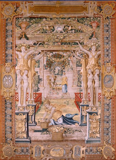نسيج فلمنكي. سلسلة Vertumnus و Pomona.Vertumnus تحول إلى مزارع. الجزء المركزي من الحد السفلي نرى حلقة عن حب المشتري: دانا. النسيج الثاني في السلسلة. نموذج دائرة بيتر كوك فان إيلست. تصنيع Wil بواسطة بيتر (دائرة) كوك فان إيلست