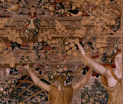 نسيج فلمنكي. سلسلة Vertumnus و Pomona.Vertumnus تحول إلى مزارع. النسيج الثاني في السلسلة. الجزء الأيمن تحول حورية ميرها. نموذج دائرة بيتر كوك فان إيلست. مصنع فيلهلم بانميكر ، بروكسل. كاليفورنيا 1545- بواسطة بيتر (دائرة) كوك فان إيلست
