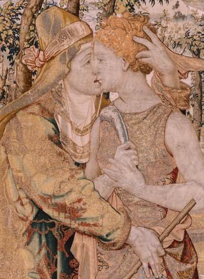 نسيج فلمنكي. سلسلة Vertumnus و Pomona. Vertumnus يقبل بومونا. النسيج السابع في السلسلة. نموذج دائرة بيتر كوك فان إيلست. مصنع فيلهلم بانميكر ، بروكسل. كاليفورنيا 1545-1550. النسيج: الذهب والفضة والحرير والصوف. مقاس ٤٣٠ × ٣٦٥ سم. بواسطة بيتر (دائرة) كوك فان إيلست