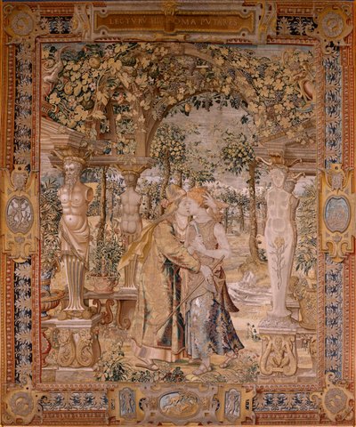 نسيج فلمنكي. سلسلة Vertumnus و Pomona. Vertumnus يقبل بومونا. النسيج السابع في السلسلة. نموذج دائرة بيتر كوك فان إيلست. مصنع فيلهلم بانميكر ، بروكسل. كاليفورنيا 1545-1550. النسيج: الذهب والفضة والحرير والصوف. مقاس ٤٣٠ × ٣٦٥ سم. بواسطة بيتر (دائرة) كوك فان إيلست
