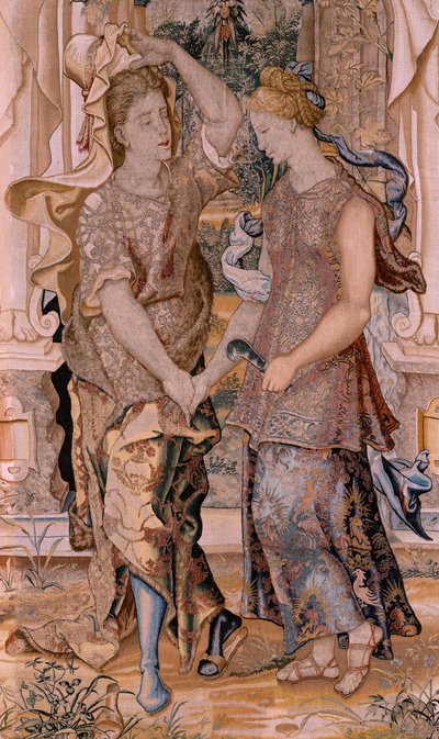 نسيج فلمنكي. سلسلة Vertumnus و Pomona. يكشف Vertumnus عن هويته لـ Pomona (Vertumno se descubre ante Pomona). النسيج الثامن في السلسلة. نموذج دائرة بيتر كوك فان إيلست. مصنع فيلهلم بانميكر ، بروكسل. كاليفورنيا 1545-1550. فابر بواسطة بيتر (دائرة) كوك فان إيلست