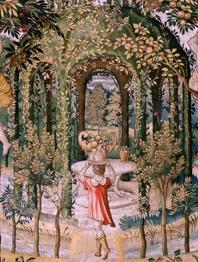 نسيج فلمنكي. سلسلة Vertumnus و Pomona ؛ تحول Vertumnus إلى بستاني (Vertumno transformado en jardinero). النسيج الخامس في السلسلة. نموذج دائرة بيتر كويك فان إيلست وليونارد تيري. تصنيع ورشة عمل غير معروفة ، بروكسل ، بيفو بواسطة بيتر (دائرة) كوك فان إيلست