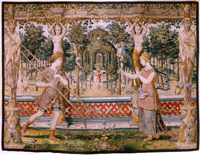 نسيج فلمنكي. سلسلة Vertumnus و Pomona ؛ تحول Vertumnus إلى بستاني (Vertumno transformado en jardinero). النسيج الخامس في السلسلة. نموذج دائرة بيتر كويك فان إيلست وليونارد تيري. تصنيع ورشة عمل غير معروفة ، بروكسل ، بيفو بواسطة بيتر (دائرة) كوك فان إيلست