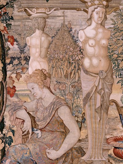 نسيج فلمنكي. سلسلة Vertumnus و Pomona. تحولت Vertumnus إلى امرأة عجوز. تحولت Vertumnus إلى امرأة عجوز. النسيج السادس في السلسلة. نموذج دائرة بيتر كوك فان إيلست. مصنع فيلهلم بانميكر ، بروكسل. كاليفورنيا 1545-1550. بواسطة بيتر (دائرة) كوك فان إيلست
