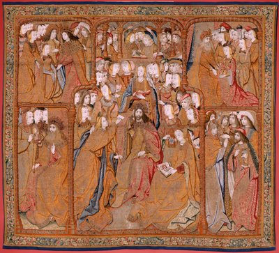 نسيج فلمنكي. سلسلة انتصارات الأم أو Paños de Oro. البشارة (لا أنونسياسيون). النسيج الثاني في السلسلة. الموديل Colin de Cooter (؟). المُصنع Pieter van Aelst (أو van Edingen) ، بروكسل. كاليفورنيا 1500-1502. النسيج الذهب والفضة والحرير و wo بواسطة بيتر (استوديو) Coecke van Aelst