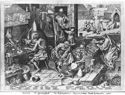 الكيميائي في العمل ، محفور من قبل Hieronymus Cock (c.1510-70) بواسطة بيتر بروغل الأكبر