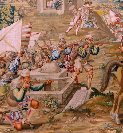 نسيج فلمنكي. مسلسل الفتح تونس. الهجوم على لا جوليتا (Ataque a la Goleta). النسيج الرابع في السلسلة. عارضة الأزياء جان فيرمين وبيتر كويك فان إيلست. 1543-1548. مصنع Real Fábrica de Tapices de Santa Bárbara ، مدريد بواسطة بيتر كويك فان إيلست