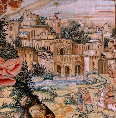 نسيج فلمنكي. سلسلة آلام المسيح. النزول من الصليب (Descendimiento). سلسلة المنسوجات الثانية لآلام المسيح التي تنتمي إلى Patrimonio Nacional. نموذج رسامي كاريكاتير من دائرة جان فان روم. صنع Pieter va بواسطة بيتر كويك فان إيلست