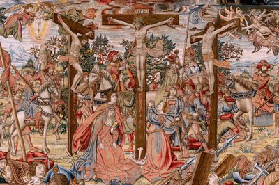 نسيج فلمنكي. سلسلة آلام المسيح ؛ الطريق إلى الجلجثة ولقاء فيرونيكا (Camino del Calvario y encuentro con la Verónica). أول نسيج من تلك المحفوظة في التراث الوطني. نموذج رسامي كاريكاتير من دائرة جان فان روم وبرن بواسطة بيتر كويك فان إيلست