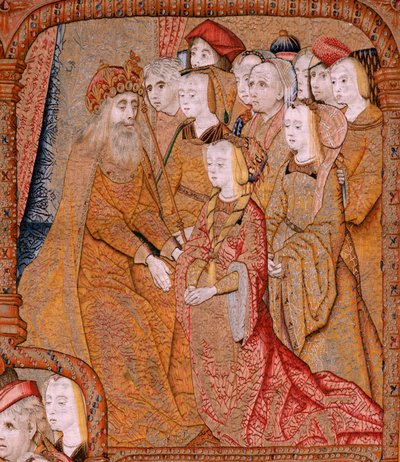 نسيج فلمنكي. سلسلة انتصارات الأم أو Paños de Oro. البشارة (لا أنونسياسيون). النسيج الثاني في السلسلة. الموديل Colin de Cooter (؟). المُصنع Pieter van Aelst (أو van Edingen) ، بروكسل. كاليفورنيا 1500-1502. النسيج الذهب والفضة والحرير و wo بواسطة بيتر كويك فان إيلست